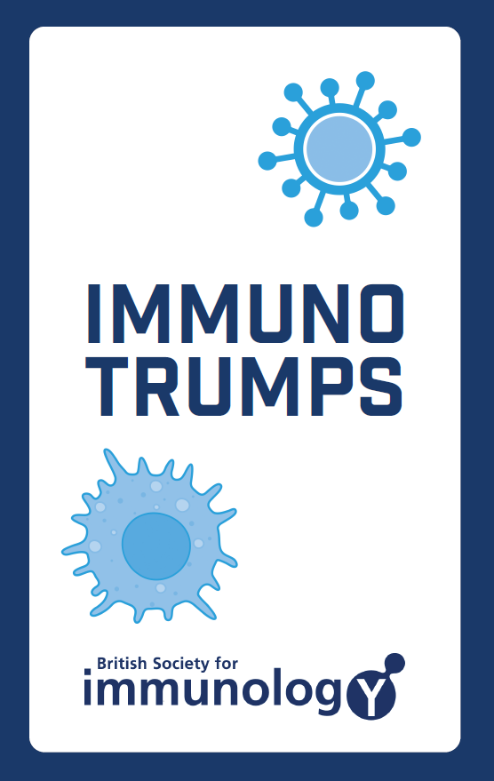 Image of the title card of ImmunoTrumps, there is a blue border around the image with two blue cells either side of the title and the BSI logo at the bottom of the image. 