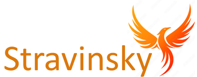 Logo of Stravinsky project.  The word "Stravinsky" written in orange with an orange phoenix flying upwards from the end of the word.