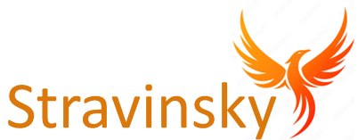 Logo of Stravinsky project. The word "Stravinsky" written in orange with an orange phoenix flying upwards from the end of the word.