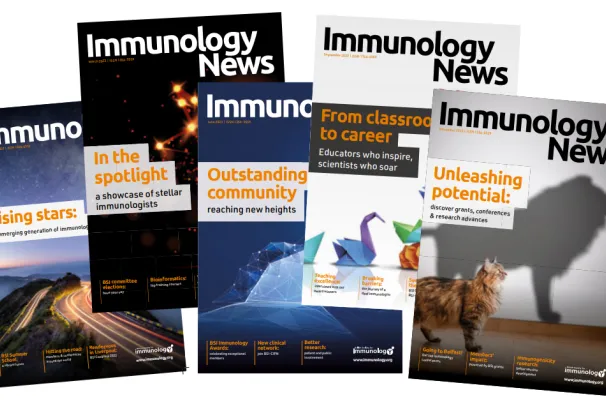 A selection of front covers of previous editions of Immunology News