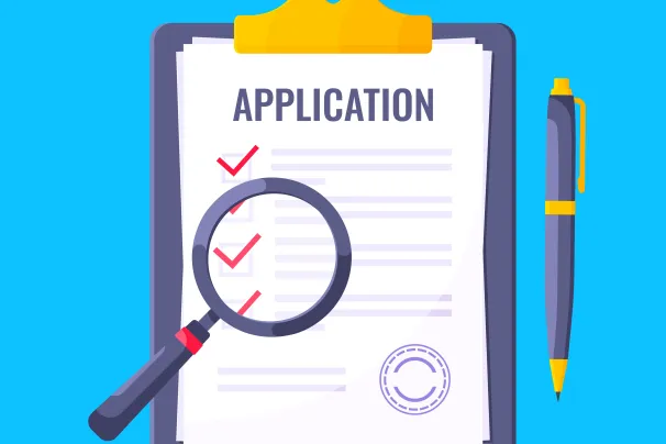 Application form with pen and magnifying glass